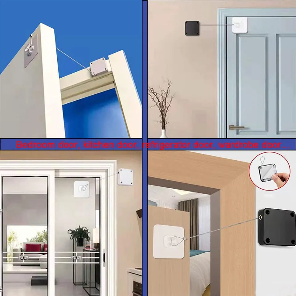 Automatic Door Closer Punch-Free – 800g Pull, 1.2m Wire Rope, Easy Install Sensor Door Closer for Home & Office (Black)