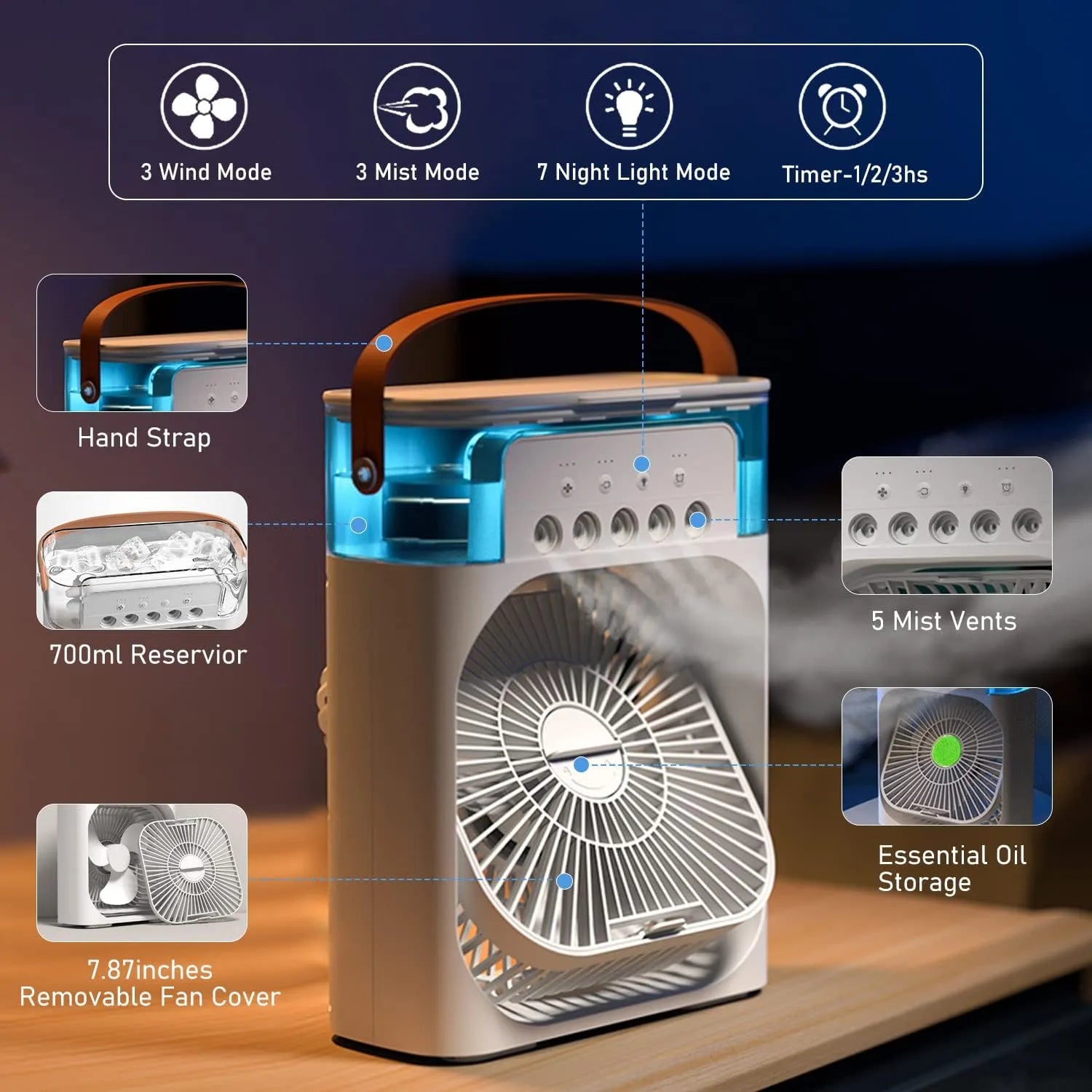 3 In 1 Mini Portable USB AC Fan Humidifier & LED Water Lamp