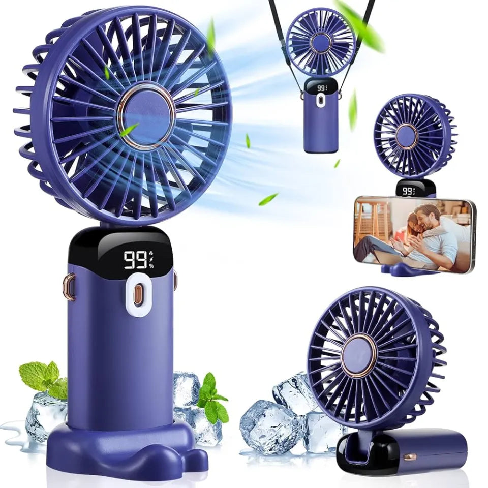 Portable USB Rechargeable Fan with Digital Display, 5 Speed Settings & Phone Stand