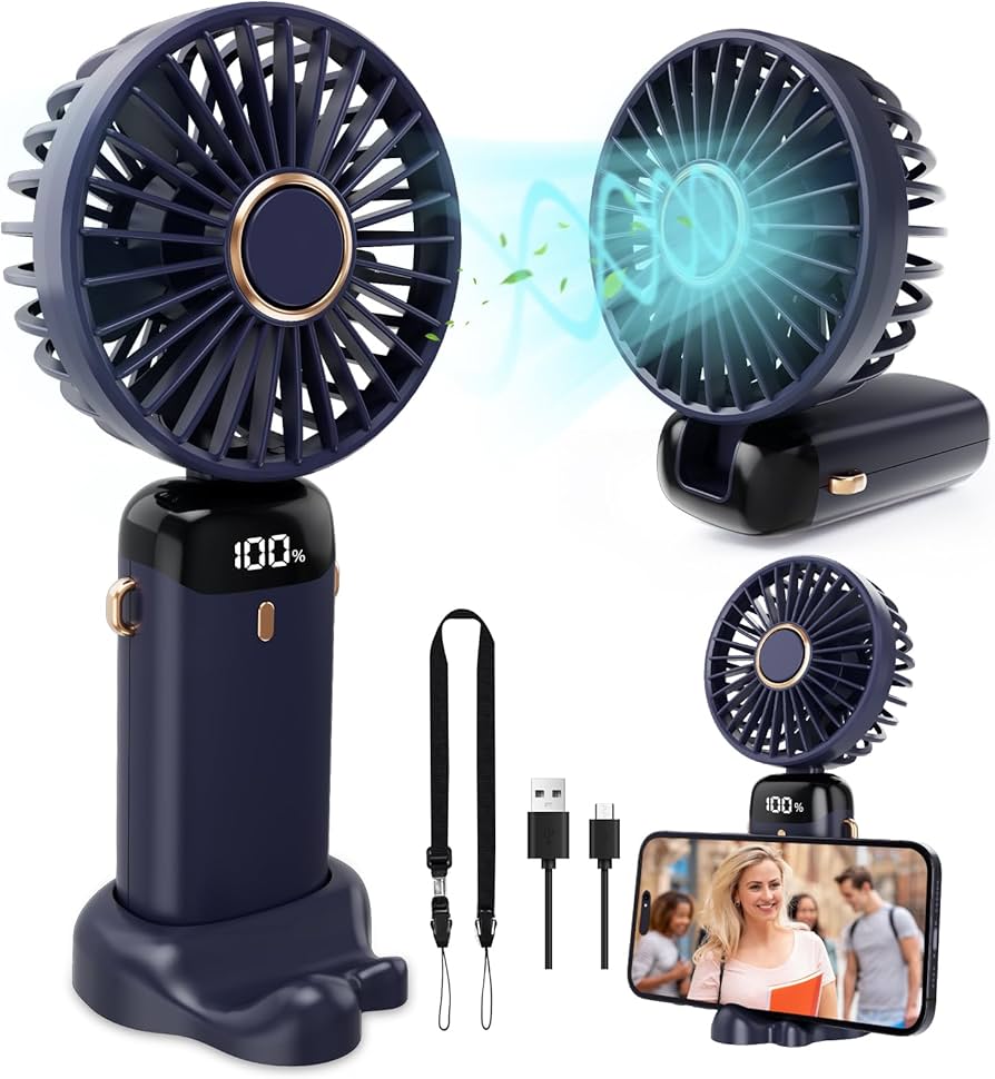 Portable USB Rechargeable Fan with Digital Display, 5 Speed Settings & Phone Stand