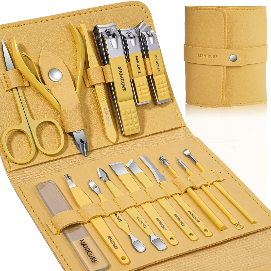 16 PCS Manicure Pedicure Set | Stainless Steel Nail Cutter Grooming Kit with Leather Travel Case for Men & Women