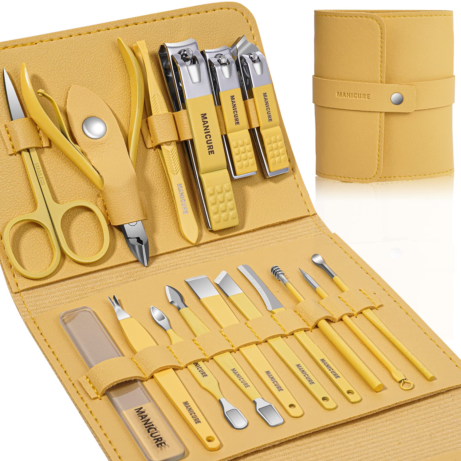 16 PCS Manicure Pedicure Set | Stainless Steel Nail Cutter Grooming Kit with Leather Travel Case for Men & Women