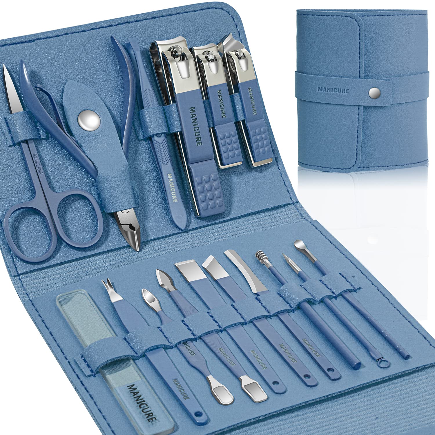 16 PCS Manicure Pedicure Set | Stainless Steel Nail Cutter Grooming Kit with Leather Travel Case for Men & Women