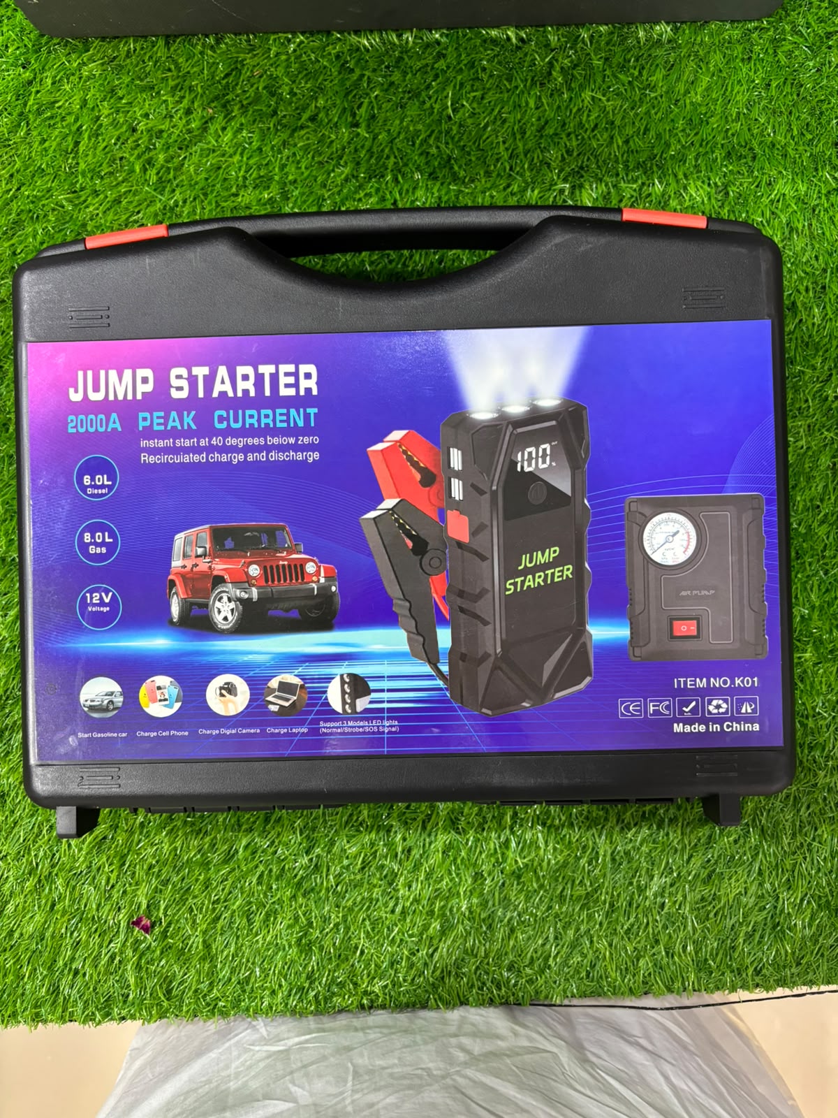 2000A Peak Current 4-in-1 Jump Starter with Air Pump, Power Bank & Flashlight