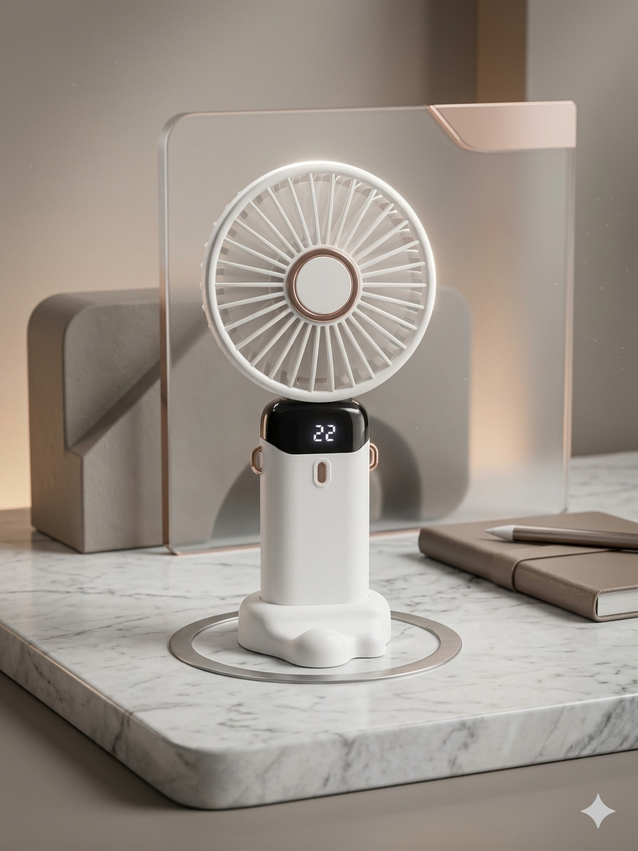 Portable USB Rechargeable Fan with Digital Display, 5 Speed Settings & Phone Stand