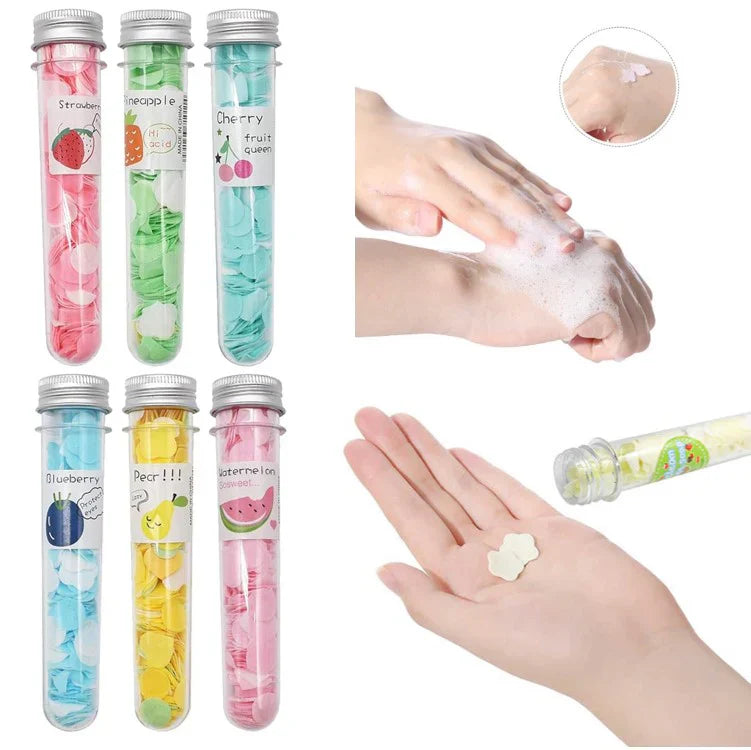 Disposable Mini Soap Paper – Portable Scented Bath Flakes in Flower Tube Bottle for Travel, Hand Wash & Outdoor Use (Assorted Colors)