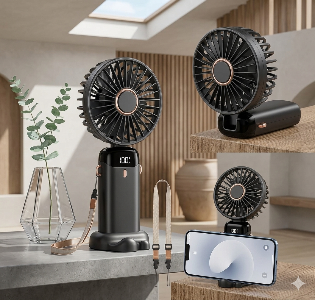 Portable USB Rechargeable Fan with Digital Display, 5 Speed Settings & Phone Stand