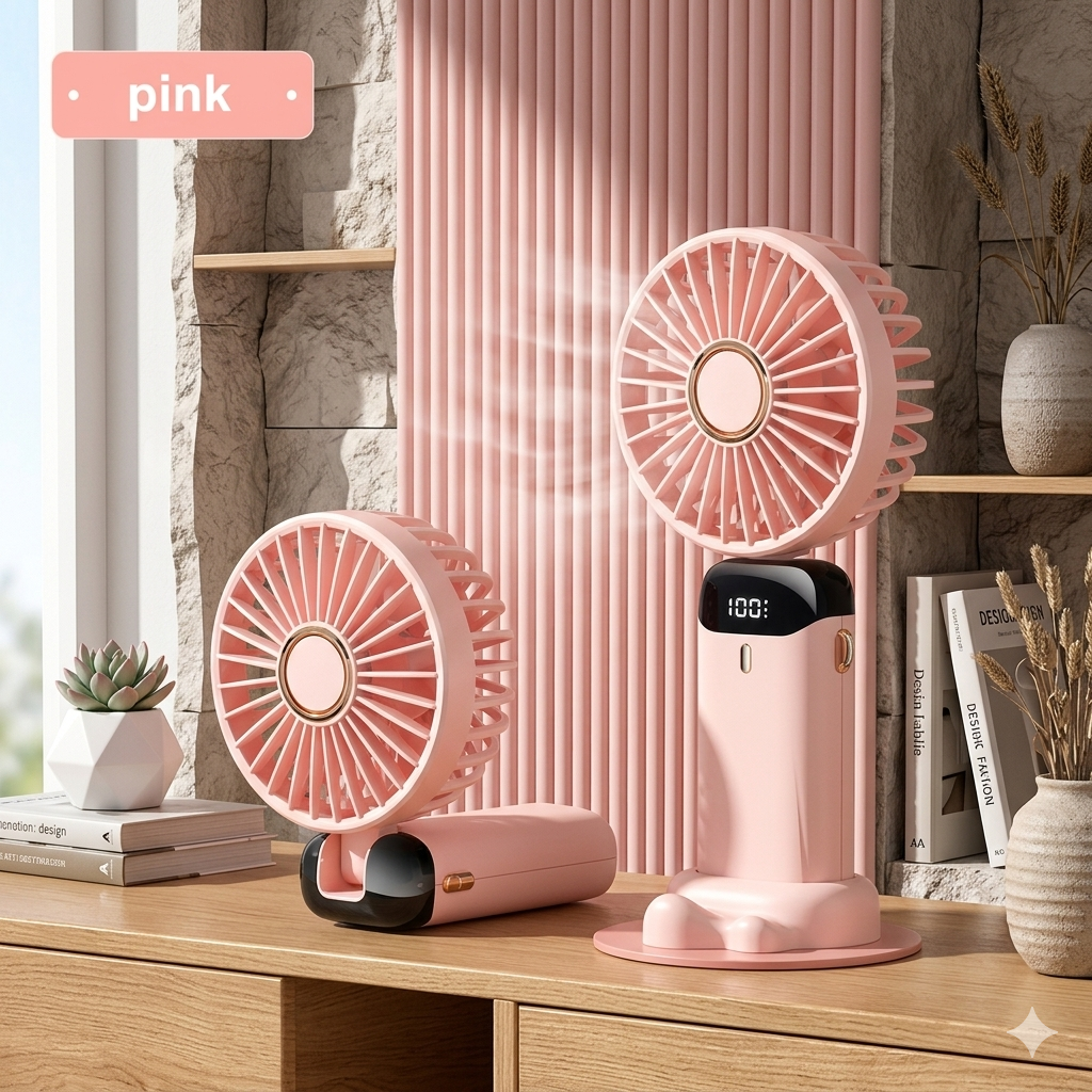 Portable USB Rechargeable Fan with Digital Display, 5 Speed Settings & Phone Stand