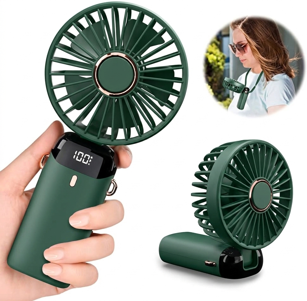 Portable USB Rechargeable Fan with Digital Display, 5 Speed Settings & Phone Stand