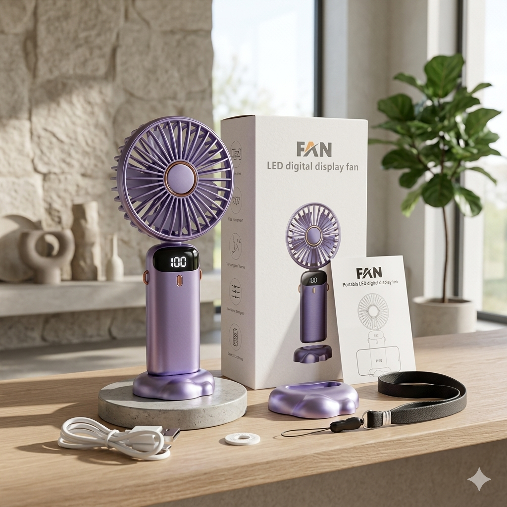 Portable USB Rechargeable Fan with Digital Display, 5 Speed Settings & Phone Stand