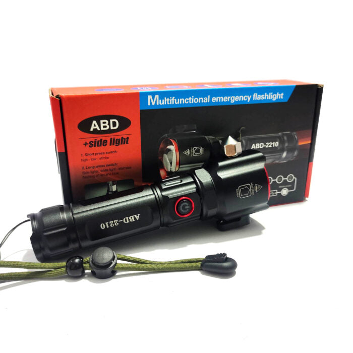 Rechargeable Multi Functional Emergency ABD 2210 Torch Imported 6-in-1 Flashlight & Power Bank - 2KM Range